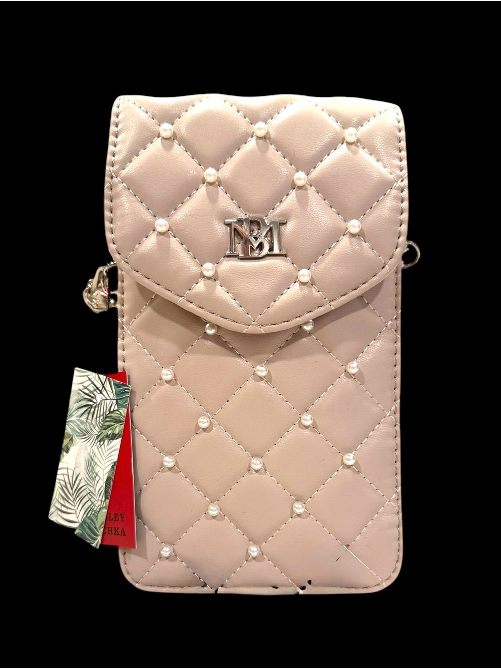 Badgley Mischka Quilted Pearl-Studded Phone X-body w/touch Window - NWT